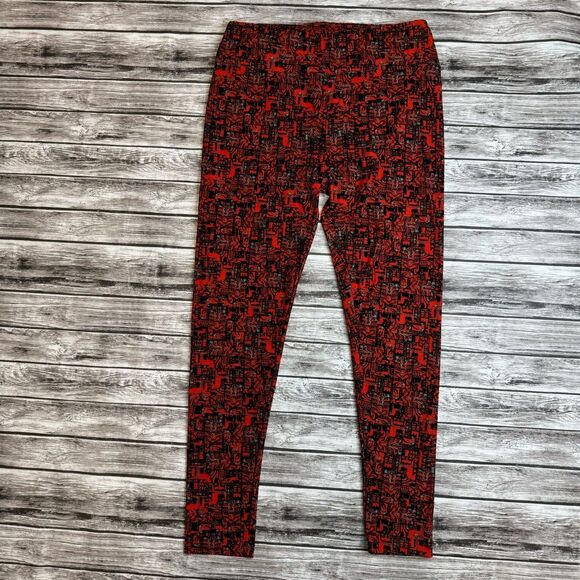 LuLaRoe Womens Stretchy Geometric Print Red Black Leggings Tall & Curvy One Size - Picture 3 of 10